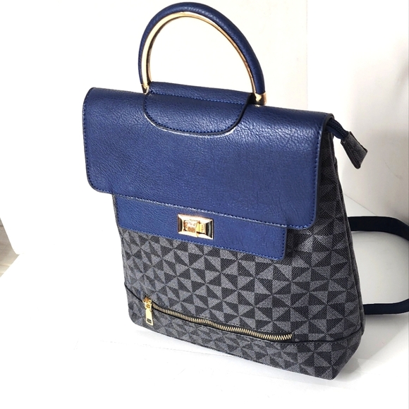 Stylish Black Monogram Women's Blue Colorblock Backpack Purse - Picture 4 of 9